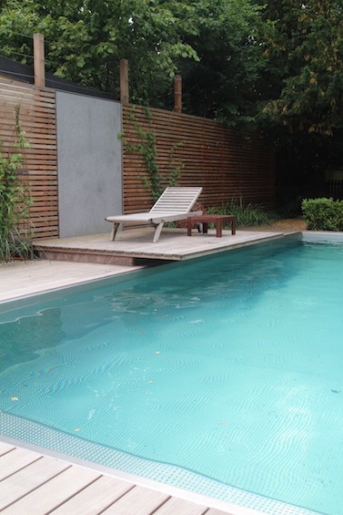Wasserwand mit dunklem Granit und Sichtschutzwand aus Lärche. Pool von Polytherm. (München - Solln)